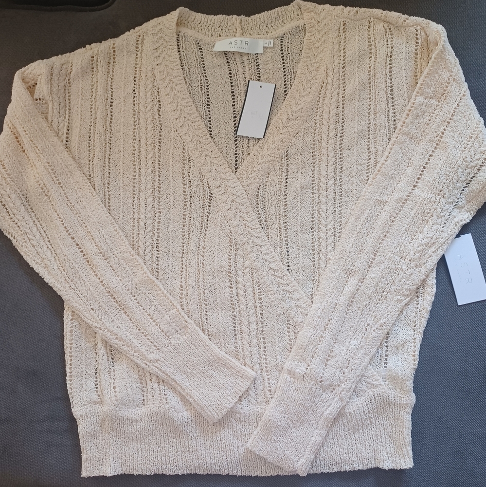 Astr The Label Wrap Front Mix Stitch Pointelle Knit Sweater Madeline Cream - Picture 8 of 8